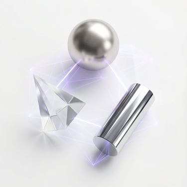 Minimalist 3D metallic objects illustrating scalable AI design workflows, product visualization, and