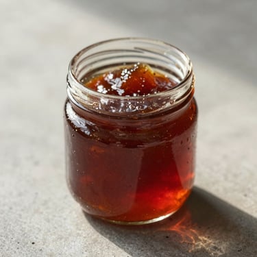 Close-up of a glass jar of gourmet jam on a clean concrete surface, warm morning light, natural ingredients visible.