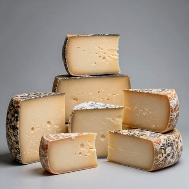 A selection of classic artisanal colonial cheeses and regional products, clean high-hygiene presentation on a light surface.