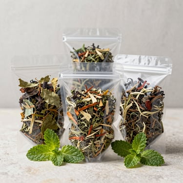 Assorted organic herbal teas in clean packaging, fresh mint leaves beside them on a light stone background.