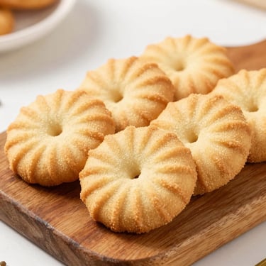 Traditional colonial cookies arranged on a rustic wooden board, soft side lighting, clean and appetizing presentation.