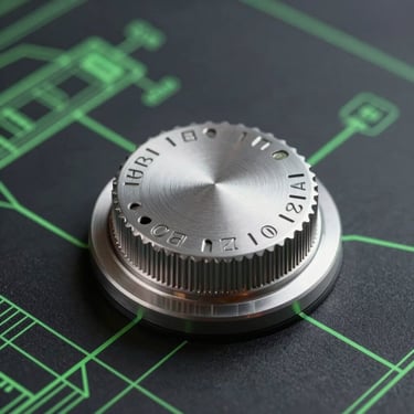 Crisp vector-style schematic blueprint of a mechanical rotary dial widget, terminal green lines on a dark charcoal background.