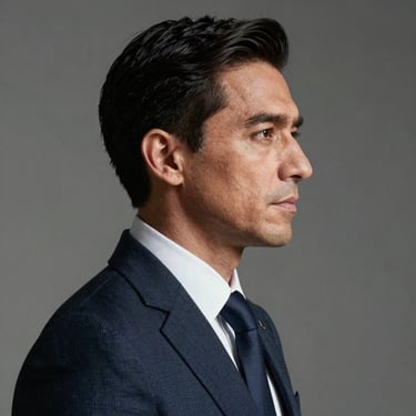 Retrato de perfil de un hombre con traje formal impecable, iluminación lateral dura que resalta las facciones, estética de portada de revista de moda.