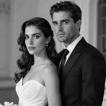Retrato de boda editorial de una pareja elegante en blanco y negro, iluminación dramática de alta costura, mirada seria y sofisticada.