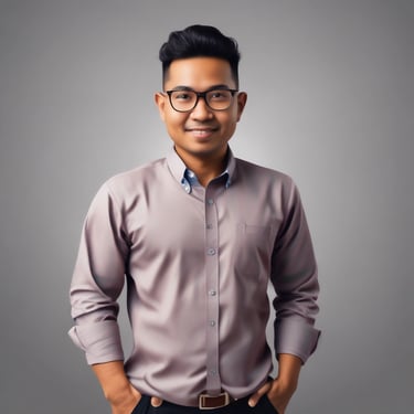 Portrait of a satisfied middle-aged Indonesian man smiling warmly.