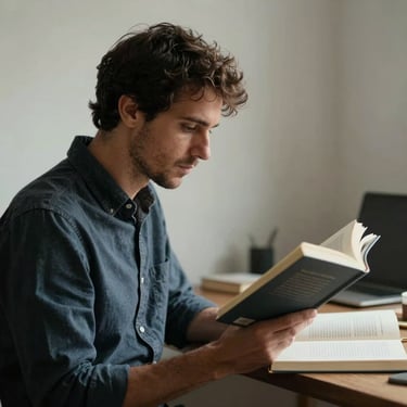 Retrato de perfil de Fernando Perales en un espacio de trabajo minimalista con luz natural suave, leyendo un libro con actitud reflexiva.