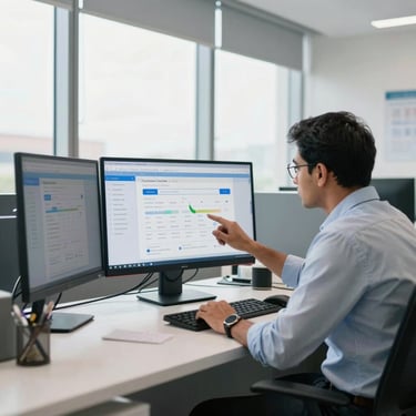 A modern editorial office workspace in Lucknow, natural daylight streaming through large windows, a professional strategist analyzing search console data on a screen, 35mm