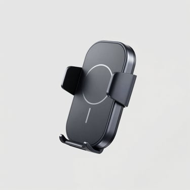 clean product photography, bright studio lighting, minimalist neutral background, sharp focus, high contrast, 50mm, magnetic car phone mount with wireless charging capability