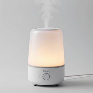 clean product photography, bright studio lighting, minimalist neutral background, sharp focus, high contrast, 50mm, ultrasonic air humidifier with a realistic warm flame light effect