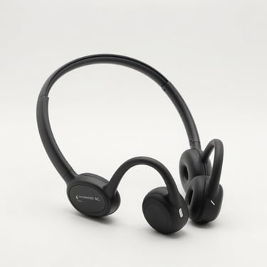 clean product photography, bright studio lighting, minimalist neutral background, sharp focus, high contrast, 50mm, black bone conduction sports headphones