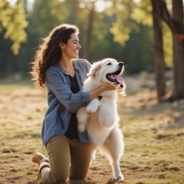 A joyful golden retriever sitting happily beside a smiling woman in a sunlit park.