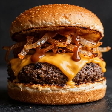 Macro shot of a double smash burger with dripping yellow cheese, crispy onions, and house sauce, dark background