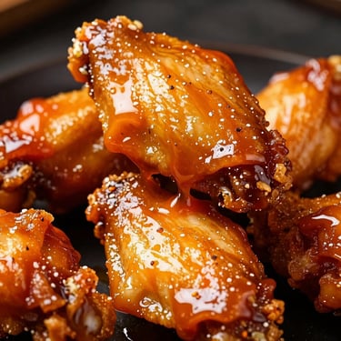 Ultra close-up of crispy chicken wings dripping in thick, glossy buffalo sauce, high-contrast lighting, dark background