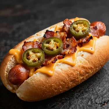 Close-up of a loaded hot dog with crispy bacon bits, melted cheese, and jalapeño slices, dark gritty background