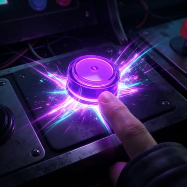 Close-up of a vibrant neon-glowing arcade cabinet button being pressed, electric purple and cyan light trails, dark background, high-contrast 3D digital art