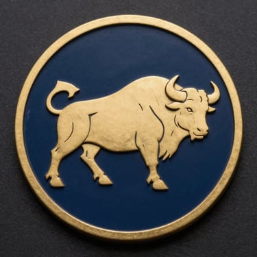 Close-up overhead shot of a circular buffalo emblem rendered in burnished gold on deep navy, clean geometric linework, no text, isolated on a dark surface, documentary lighting