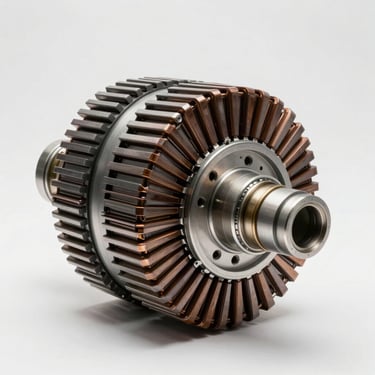 Technical cross-section cutaway of a synchronous alternator showing wound stator, rotor assembly, and bearing housings under flat even studio lighting, precise engineering drawing aesthetic, white background, no shadows