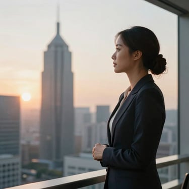 A successful business woman in a professional environment, looking out over a modern city skyline at sunset, reflecting confidence and innovation.