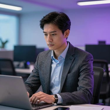 Professional executive in a smart casual outfit working in a high-tech office environment in Bogotá, soft blue and purple lighting, looking focused and successful.