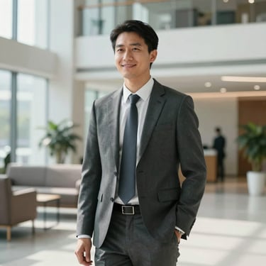 A professional executive in business attire looking forward with a confident smile in a bright, modern North American office lobby.