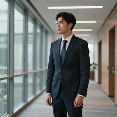 A male professional in a dark navy suit standing in a modern office hallway with glass windows, looking contemplative in a North American setting.
