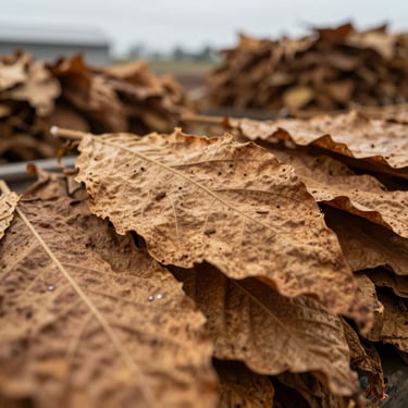 Macro shot of cured brown tobacco leaves stacked in an industrial warehouse, overcast natural daylight, desaturated earth tones, 35mm