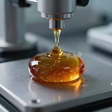 Macro photograph of viscous amber chemical compound in an automated laboratory, high-contrast lighting
