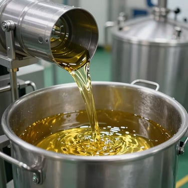 Clear golden vegetable oil flowing into a stainless steel holding tank, industrial food manufacturing facility