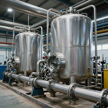 Industrial processing facility with stainless steel pipes and storage tanks, clean clinical lighting