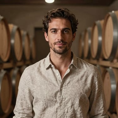 Headshot of a man with a look of quiet confidence, wearing a neutral linen shirt. He is standing in a beautifully lit wine cellar. Professional and understated. Tones of #2C3333.