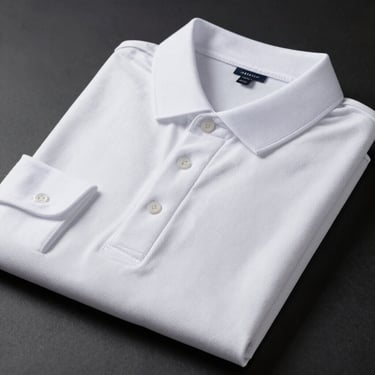 Crisp studio shot of a folded white Reserva pima cotton polo shirt, highlighting the clean collar line and refined texture.