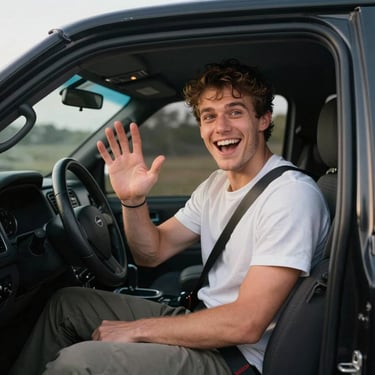 Excited young man sitting inside a customized black truck cabin, smiling widely and waving.