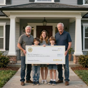 A family standing in front of their house, holding a giant check with gold accents.