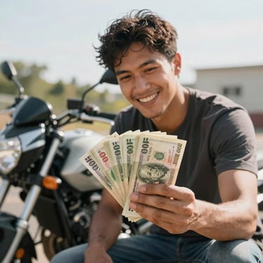 Close up of a happy winner holding a stack of cash next to a new motorcycle, bright sunny day.