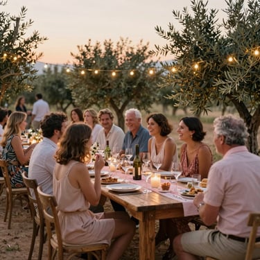 A relaxed welcome dinner under fairy lights in a Sicilian olive grove, guests laughing, rustic wooden tables, warm golden hour atmosphere