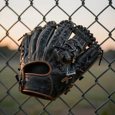 Close-up of a worn baseball glove resting on a chain-link fence at dusk, stitching and leather grain visible, soft golden light fading in the background