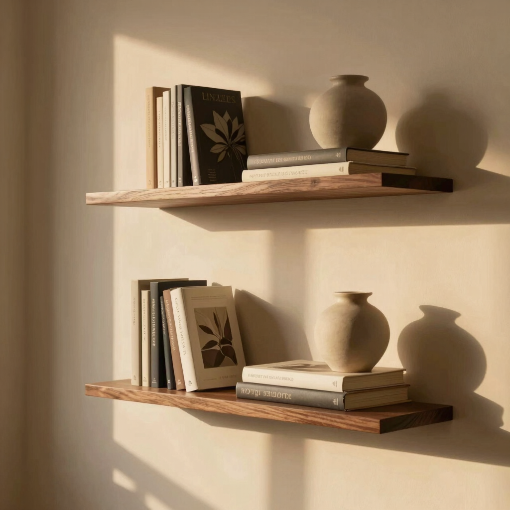 Warm editorial photography of minimalist floating shelves styled with books and a ceramic vase on a beige wall, soft natural light, 35mm