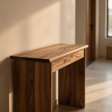 Close-up environmental shot of a hand-finished walnut console table in a modern Karachi hallway, warm golden-hour light, shallow depth of field