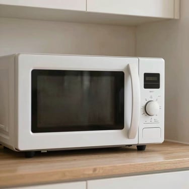 A modern mirror-finish microwave oven sitting on a shelf, clean kitchen background, natural light