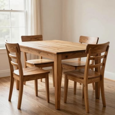 Cozy wooden dining table with four matching chairs in a sunlit dining room, warm natural light, realistic home setting