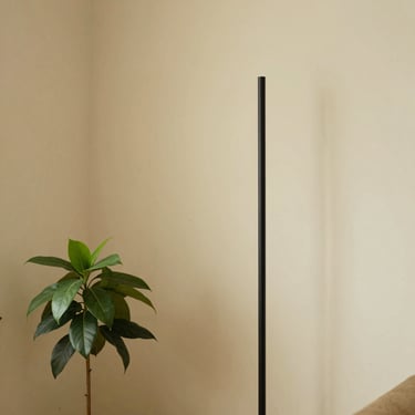 Minimalist black metal floor lamp standing next to a green potted plant in a warm cream-colored corner