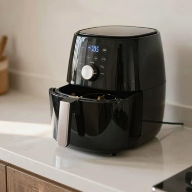 A black digital air fryer on a clean kitchen counter, realistic reflection, soft natural indoor light