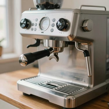 Close-up of a stainless steel espresso machine on a wooden counter, clean details, soft daylight