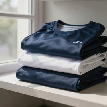 Neatly folded athletic padel shirts and shorts stacked on a clean shelf under natural window light, muted blue and white tones