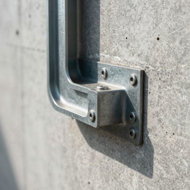 Close-up of a cantilevered steel joint anchored into a raw concrete wall, sharp shadows, architectural detail.