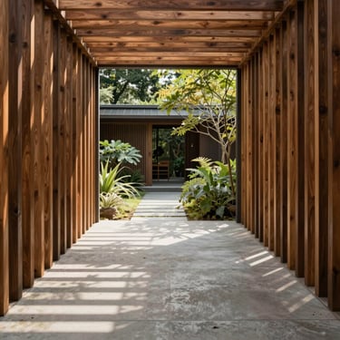 A sheltered courtyard veranda framing an internal garden, cedar wood slats casting linear shadows on concrete flooring.