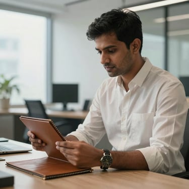 A professional business owner in a modern South Asian / Indian office, dressed in premium minimalist apparel, looking at a leather sample, soft natural lighting.