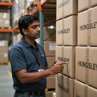 A distribution manager standing in a high-tech South Asian / Indian warehouse, overseeing export-ready boxes with House of Kingsley branding.