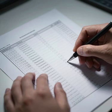 Close overhead shot of hands annotating a printed financial spreadsheet on a desk, mechanical pencil marking assumptions column, cool task-lamp light casting sharp shadows across the document, no faces visible, crisp document texture