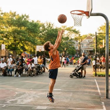 Candid shot of a kid shooting a basketball on an outdoor neighborhood court, sunny daylight, 35mm